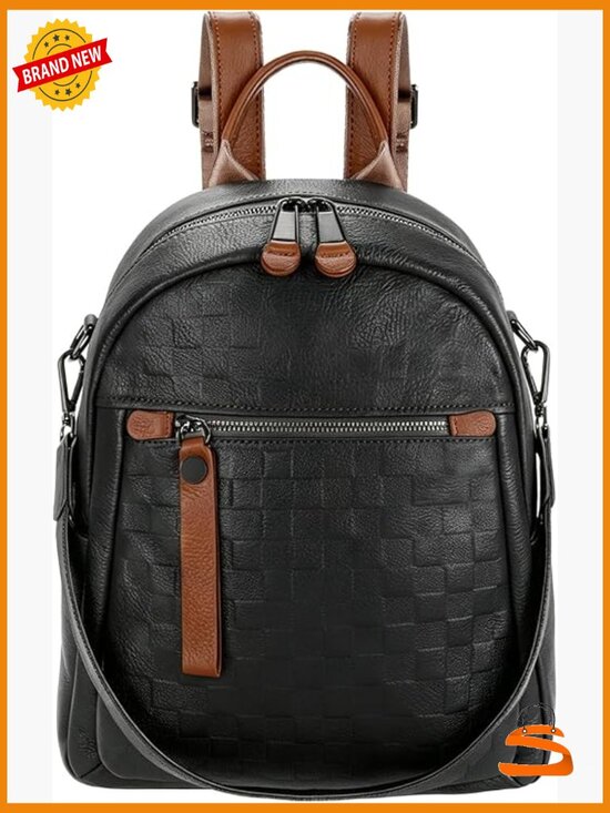 Genuine Leather Backpack Checkerboard Pattern Convertible Shoulder Bag Daypack main image 4